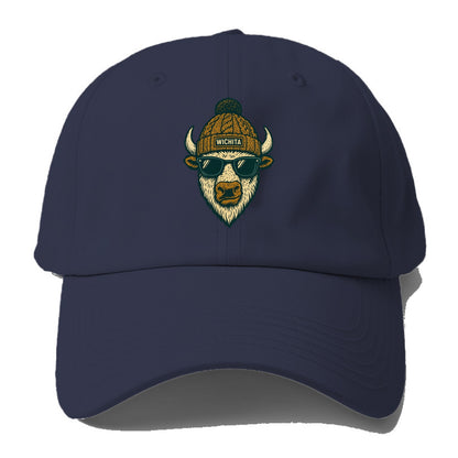 Kansas American Bison wearing Wichita beanie with pom pom and wayfarer sunglasses - Baseball Cap - Twilight Navy(Blue)