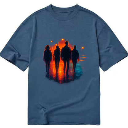 gang of silhouettes walking together at sunset by the beach - Classic T-shirt - Twilight Navy(Blue)
