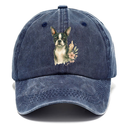 Boston Terrier with tuxedo markings, perky ears, paw up giving sass - Classic Cap - Twilight Navy(Blue)