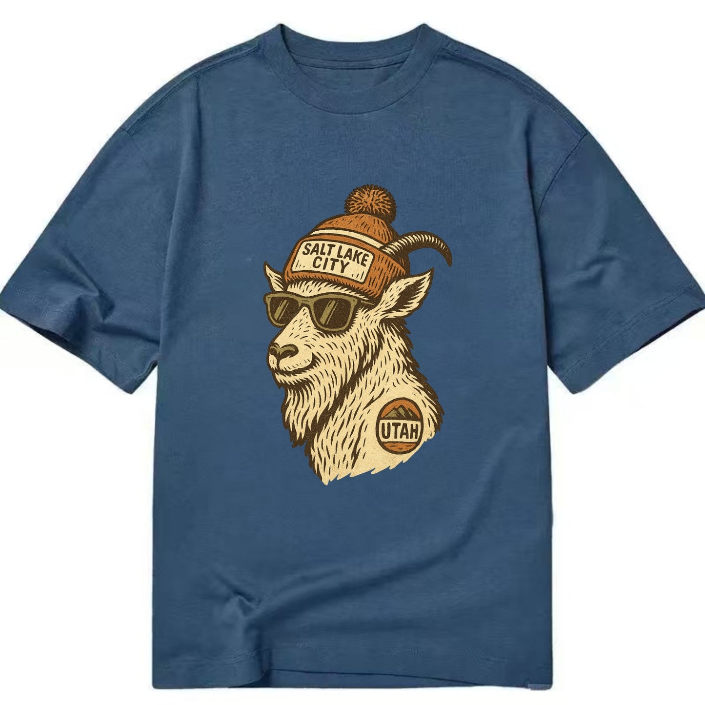 Utah Mountain Goat wearing Salt Lake City beanie with pom pom and wayfarer - Classic T-shirt - Twilight Navy(Blue)