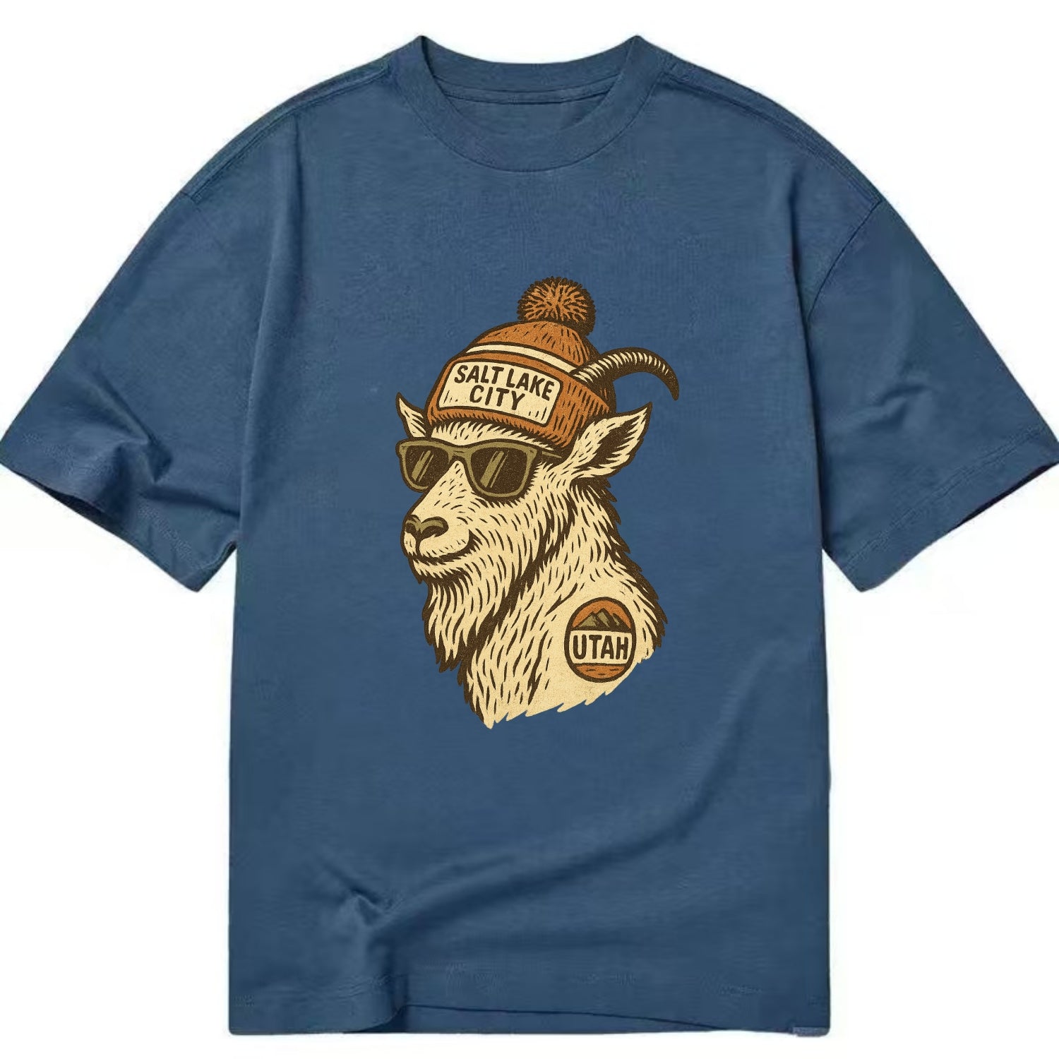 Utah Mountain Goat wearing Salt Lake City beanie with pom pom and wayfarer - Classic T-shirt - Twilight Navy(Blue)
