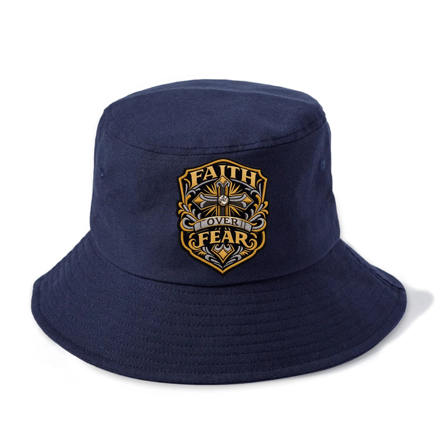 FAITH OVER FEAR - cross with text in gold , spiritual strength - Bucket Hat - Twilight Navy(Blue)