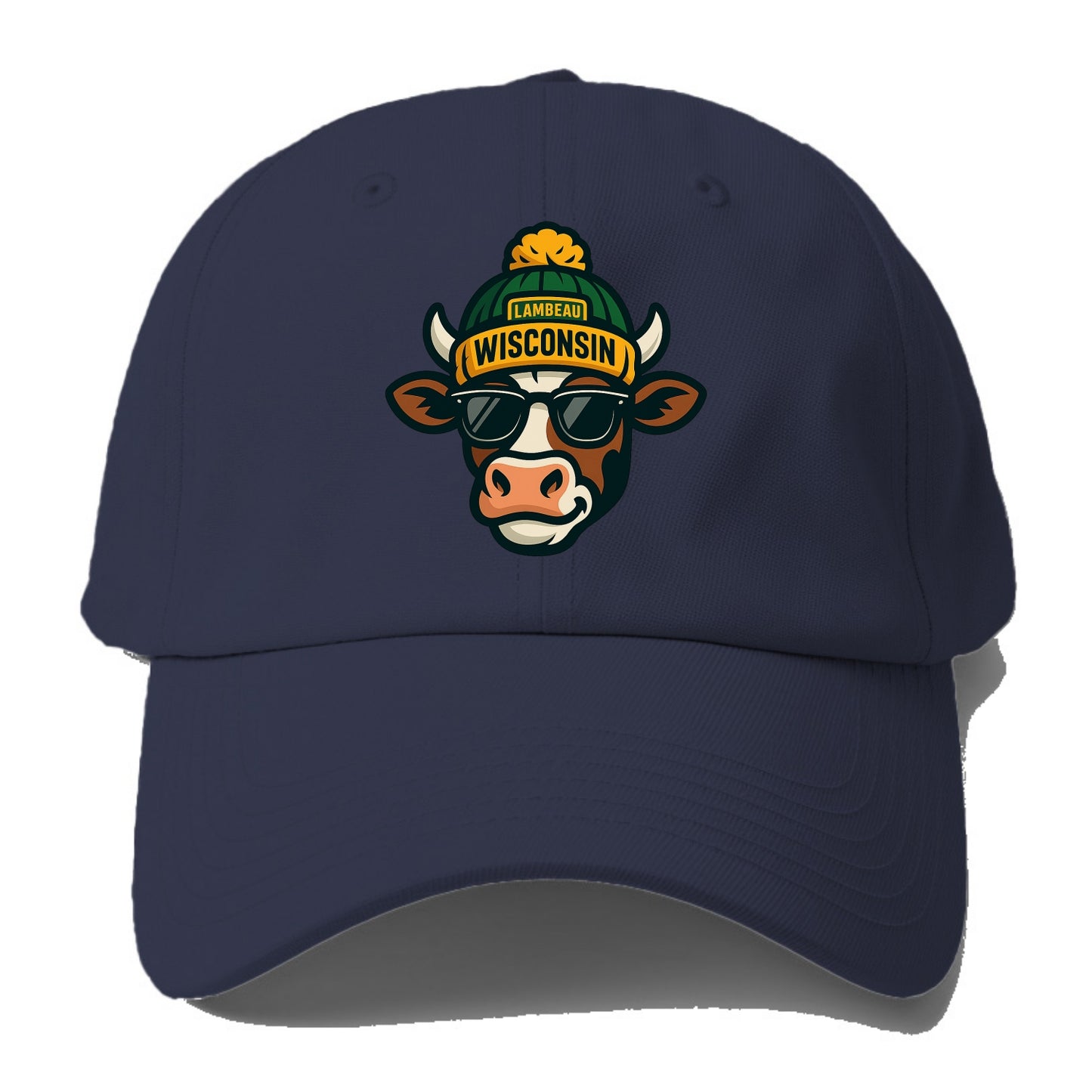 Wisconsin Cow wearing Packers beanie with Lambeau patch and wayfarer - Baseball Cap For Big Heads - Twilight Navy(Blue)