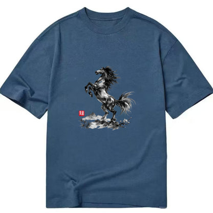 WILD STALLION | Powerful stallion rearing up | Windswept mane and tail | Mountain - Classic T-shirt - Twilight Navy(Blue)