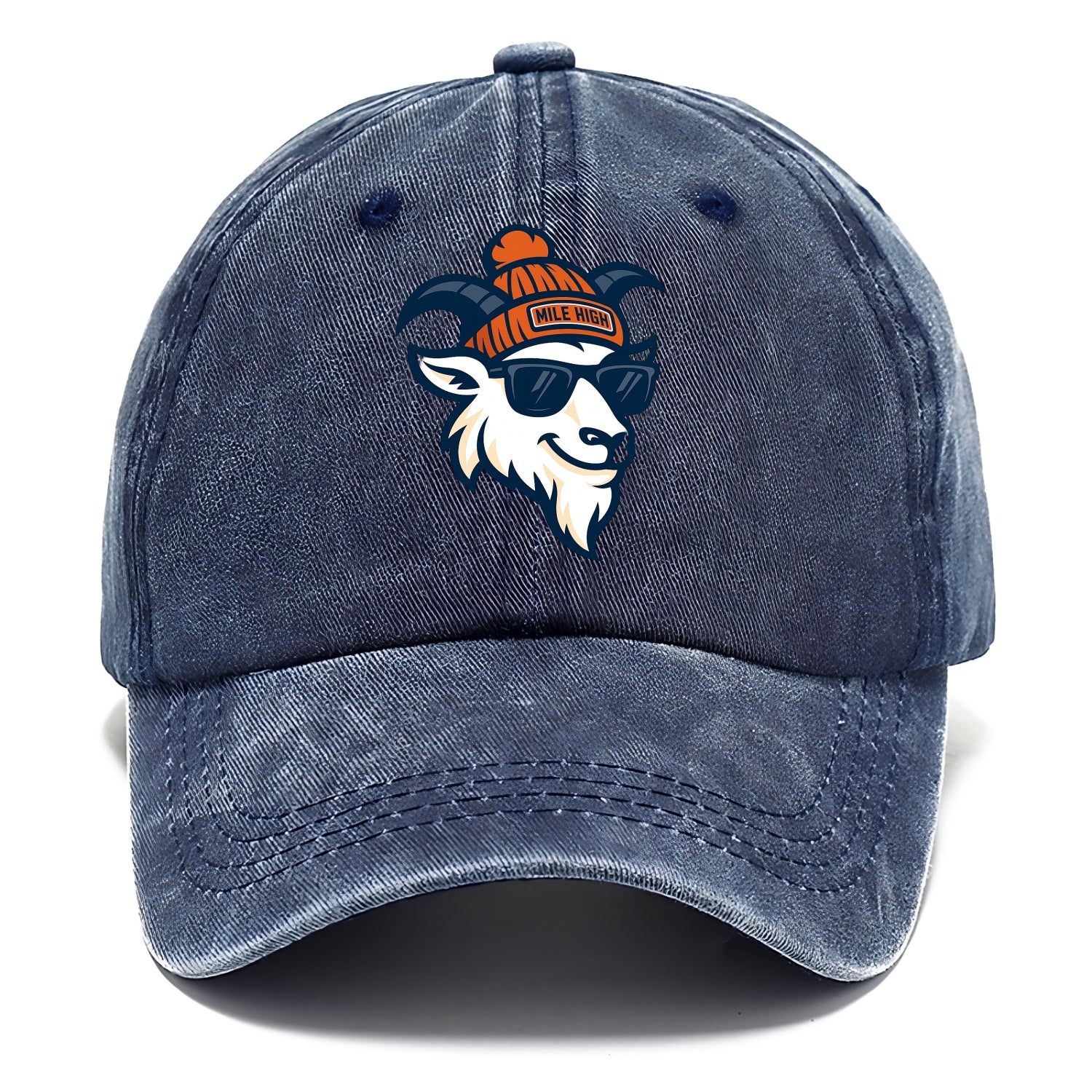 Denver Mountain Goat wearing Broncos beanie with Mile High patch and wayfarer - Classic Cap - Twilight Navy(Blue)