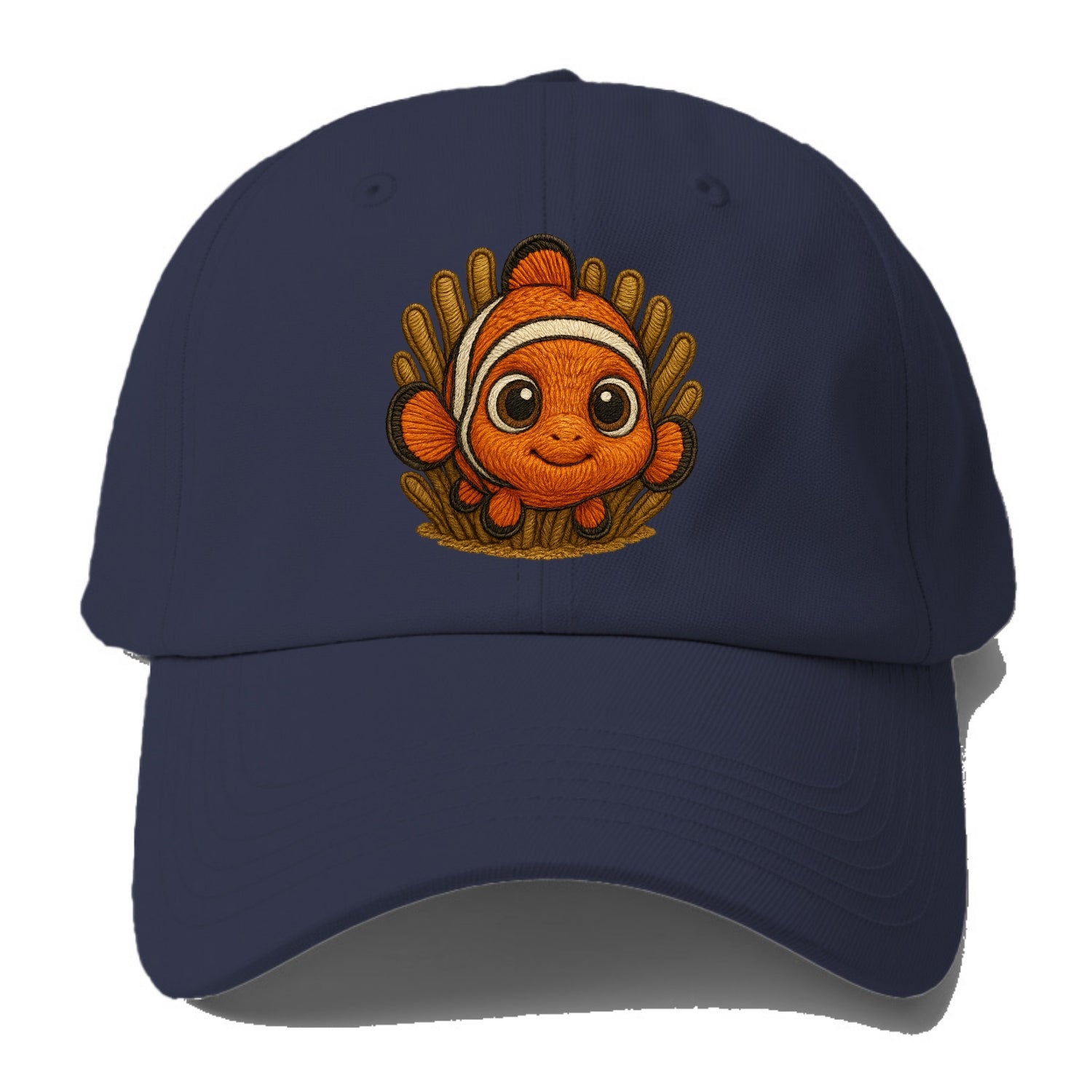 Baby Clownfish - orange with white stripes, big round eyes, front-facing in anemone, - Baseball Cap - Twilight Navy(Blue)