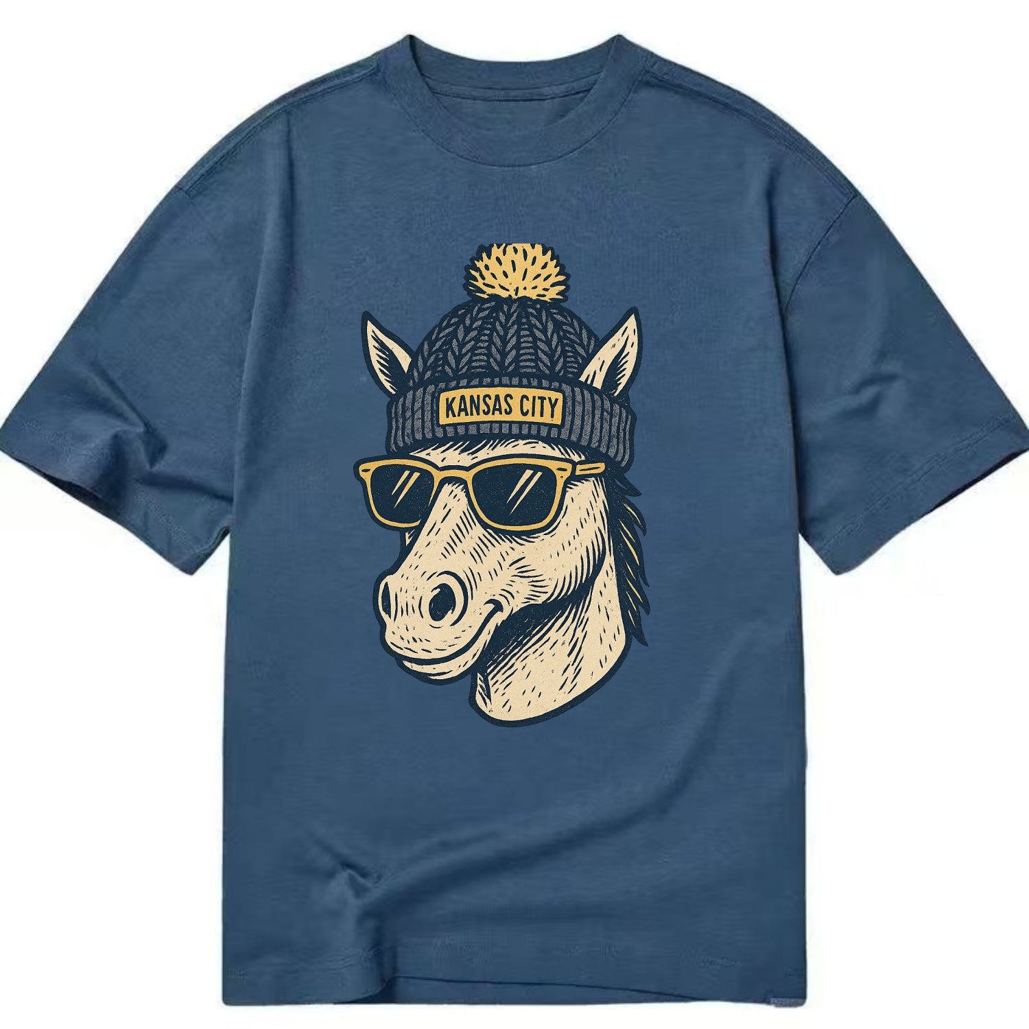 Missouri Mule wearing Kansas City beanie with pom pom and wayfarer sunglasses - Classic T-shirt - Twilight Navy(Blue)