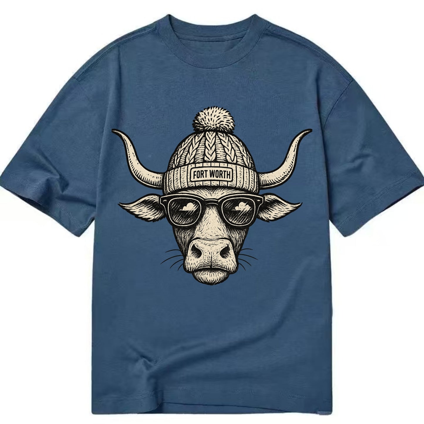 Fort Worth Longhorn wearing Fort Worth beanie with pom pom and wayfarer sunglasses - Classic T-shirt - Twilight Navy(Blue)