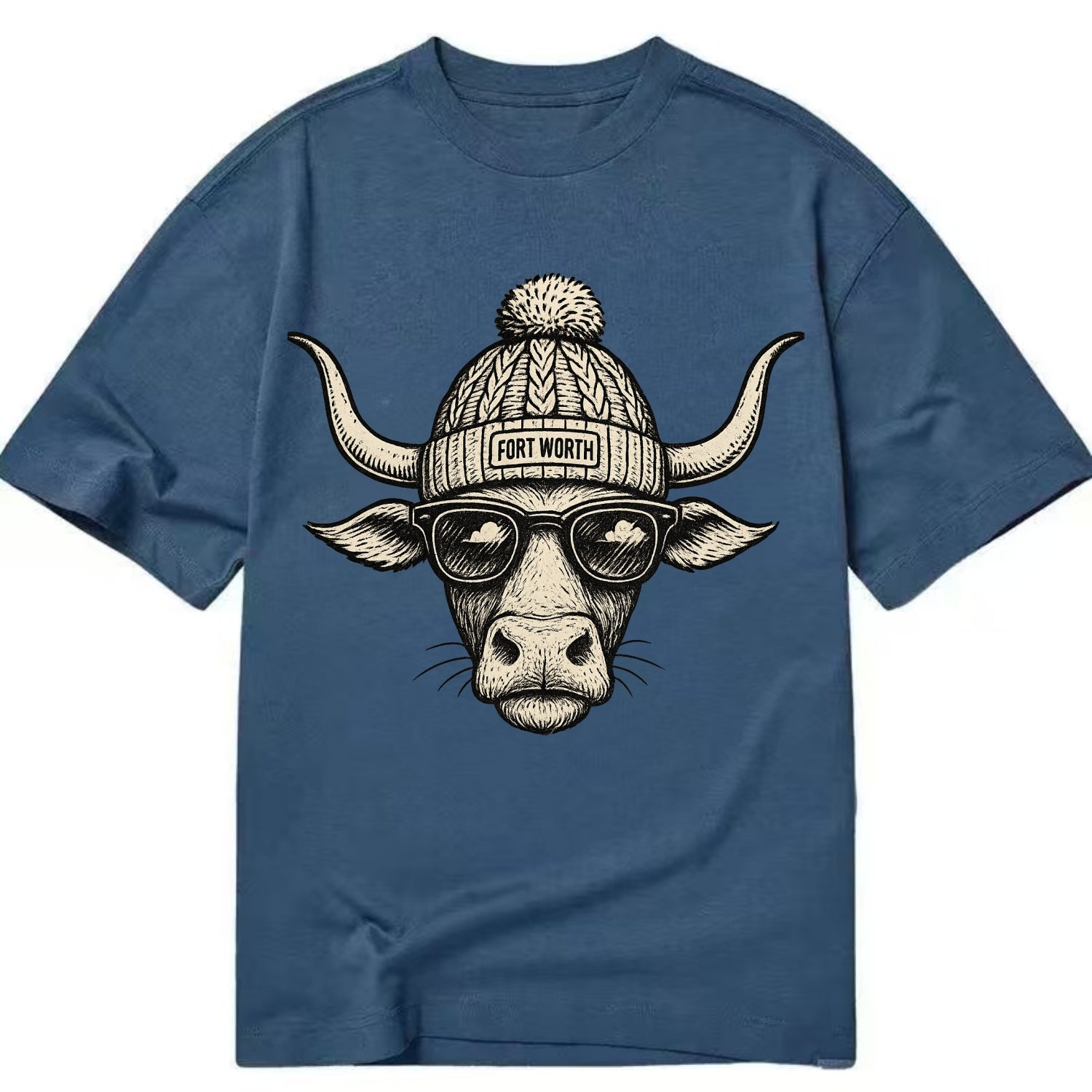 Fort Worth Longhorn wearing Fort Worth beanie with pom pom and wayfarer sunglasses - Classic T-shirt - Twilight Navy(Blue)