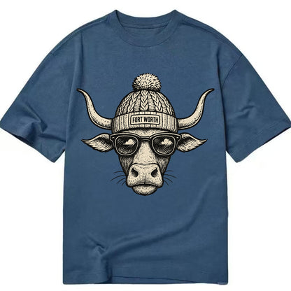 Fort Worth Longhorn wearing Fort Worth beanie with pom pom and wayfarer sunglasses - Classic T-shirt - Twilight Navy(Blue)