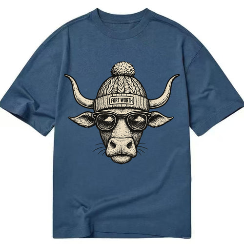 Fort Worth Longhorn wearing Fort Worth beanie with pom pom and wayfarer sunglasses - Classic T-shirt