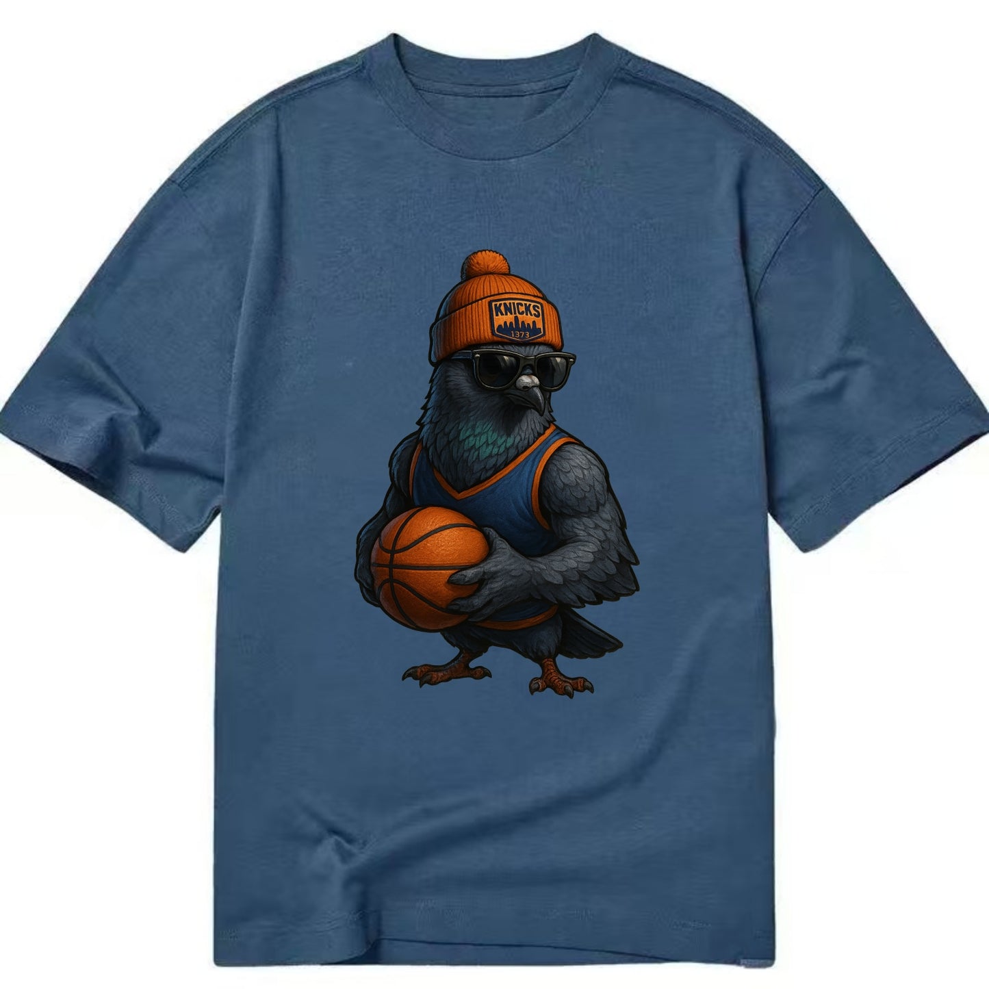 Manhattan Pigeon wearing Knicks beanie with skyline patch and wayfarer sunglasses - Classic T-shirt - Twilight Navy(Blue)