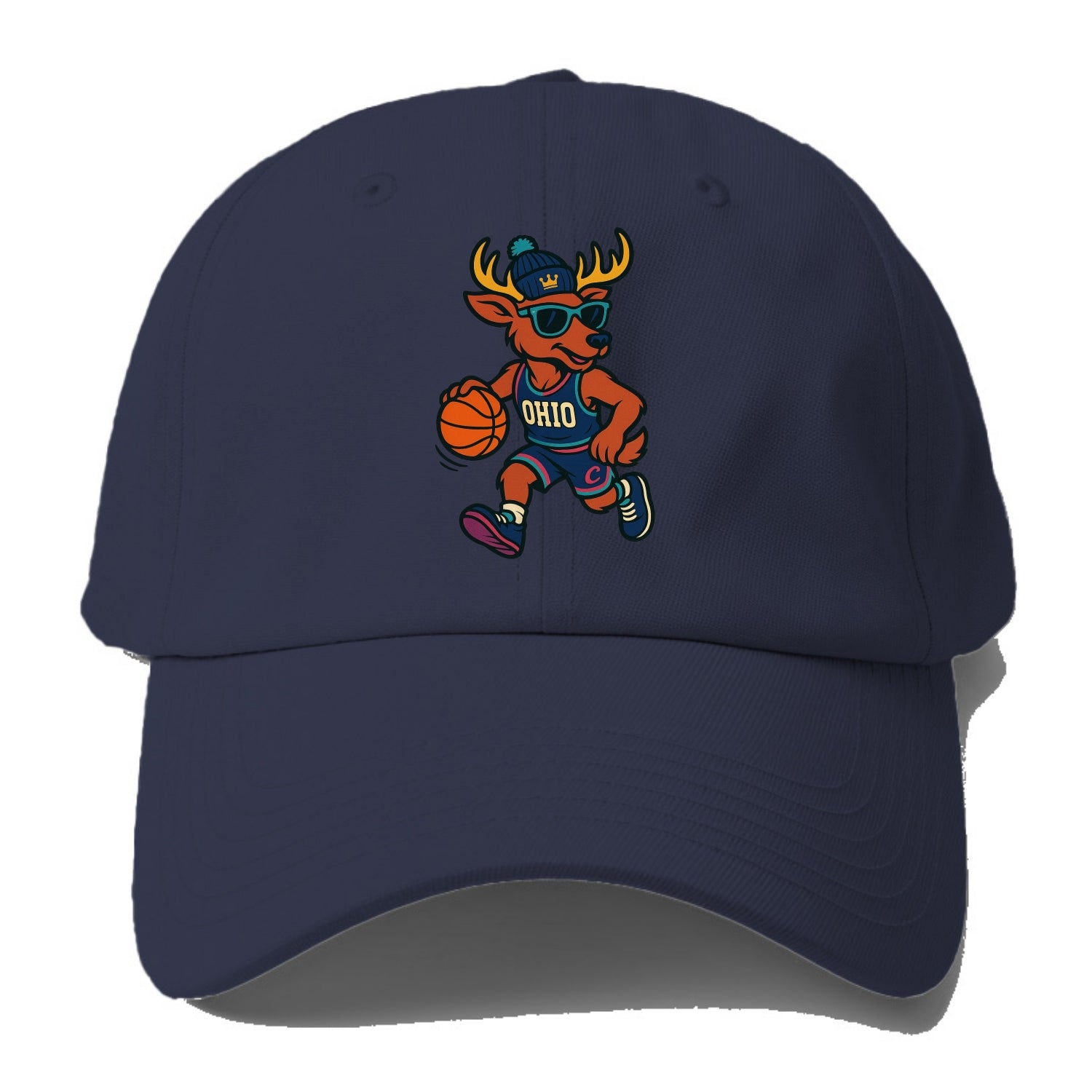 Ohio Deer wearing Cavs beanie with crown patch and wayfarer sunglasses - Baseball Cap For Big Heads - Twilight Navy(Blue)