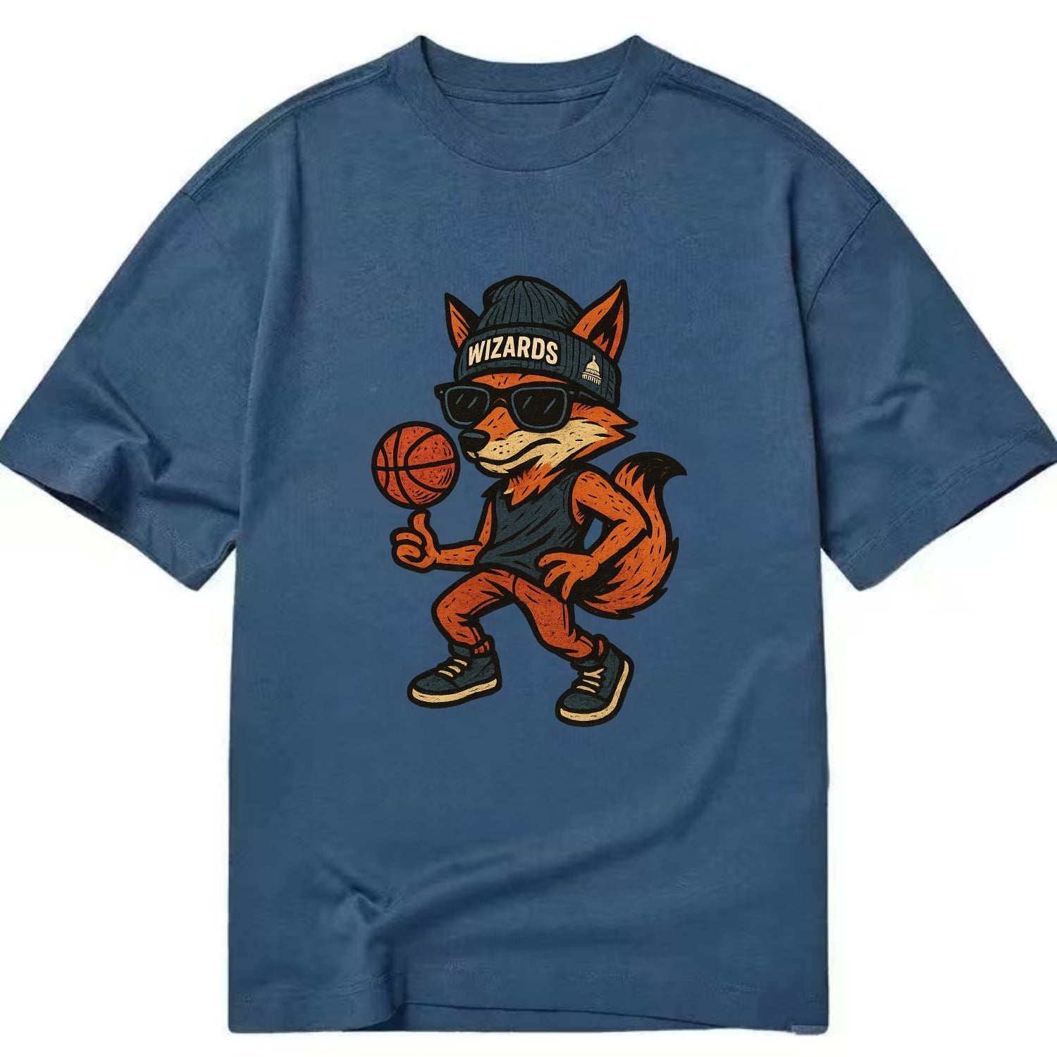 Washington Fox wearing Wizards beanie with capitol patch and wayfarer sunglasses - Classic T-shirt - Twilight Navy(Blue)