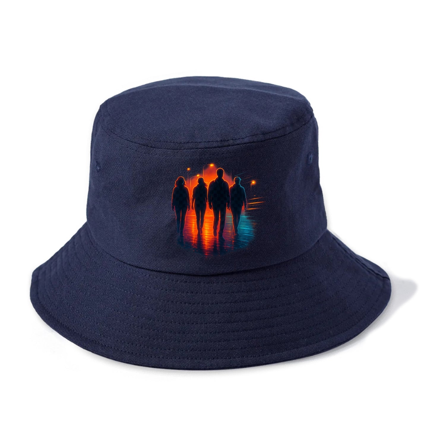 gang of silhouettes walking together at sunset by the beach - Bucket Hat - Twilight Navy(Blue)