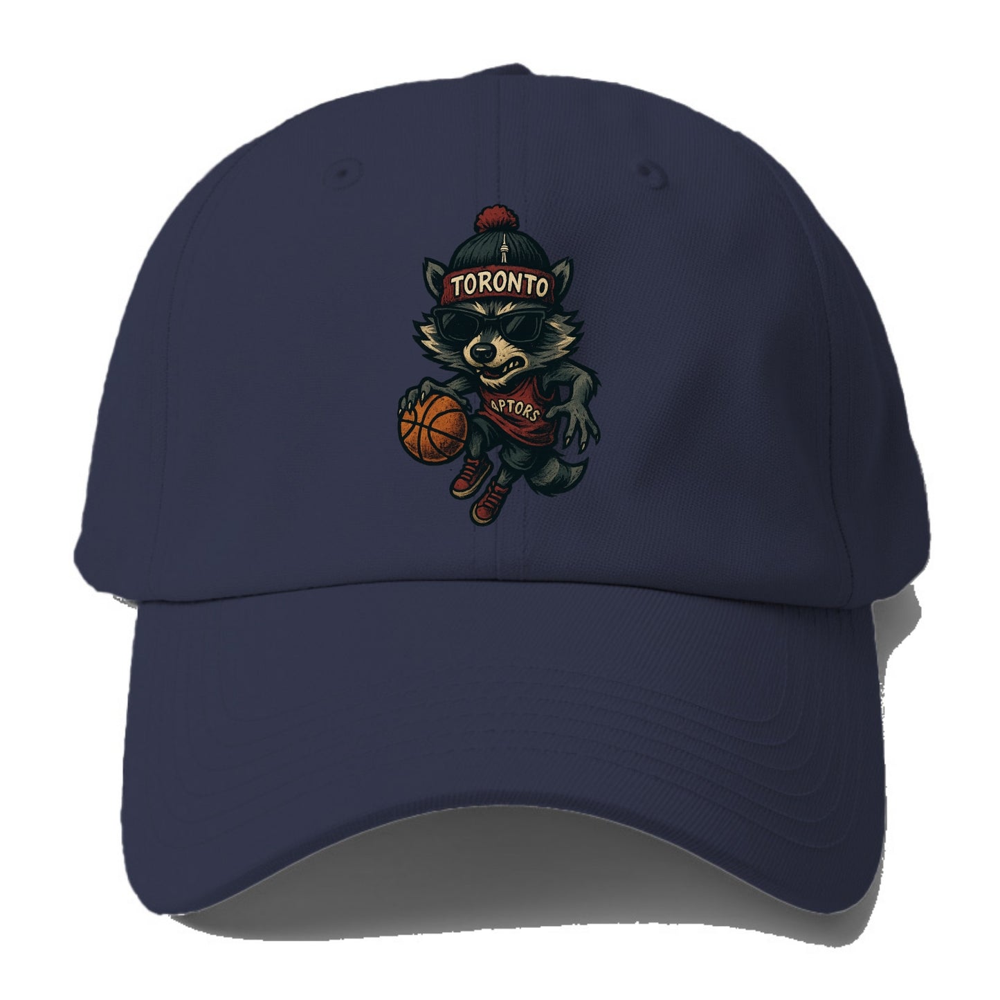 Toronto Raccoon wearing Raptors beanie with CN Tower patch and wayfarer sunglasses - Baseball Cap - Twilight Navy(Blue)
