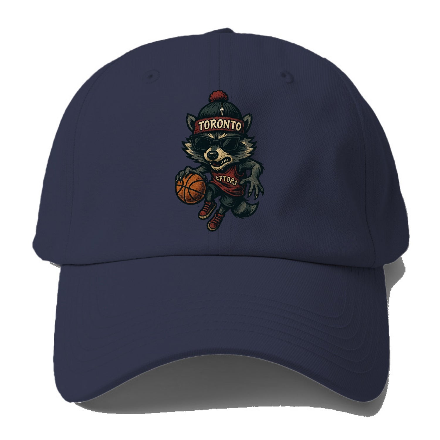 Toronto Raccoon wearing Raptors beanie with CN Tower patch and wayfarer sunglasses - Baseball Cap - Twilight Navy(Blue)