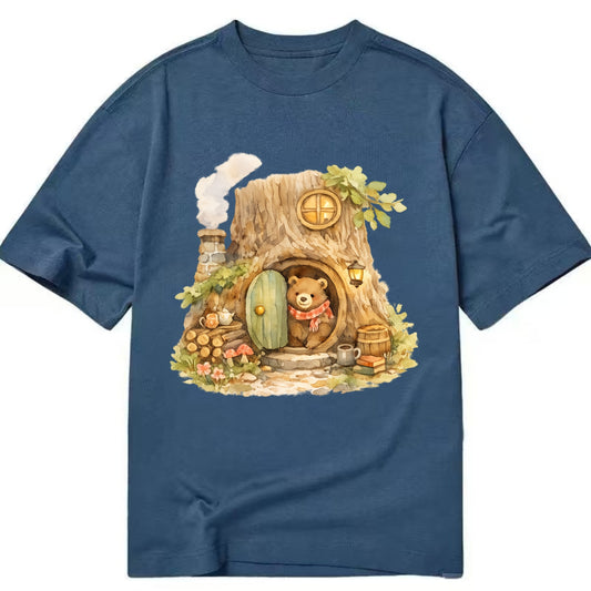TREE HOME | Bear's home in hollow tree | Round door | Chimney smoke | Woodland - Classic T-shirt - Twilight Navy(Blue)