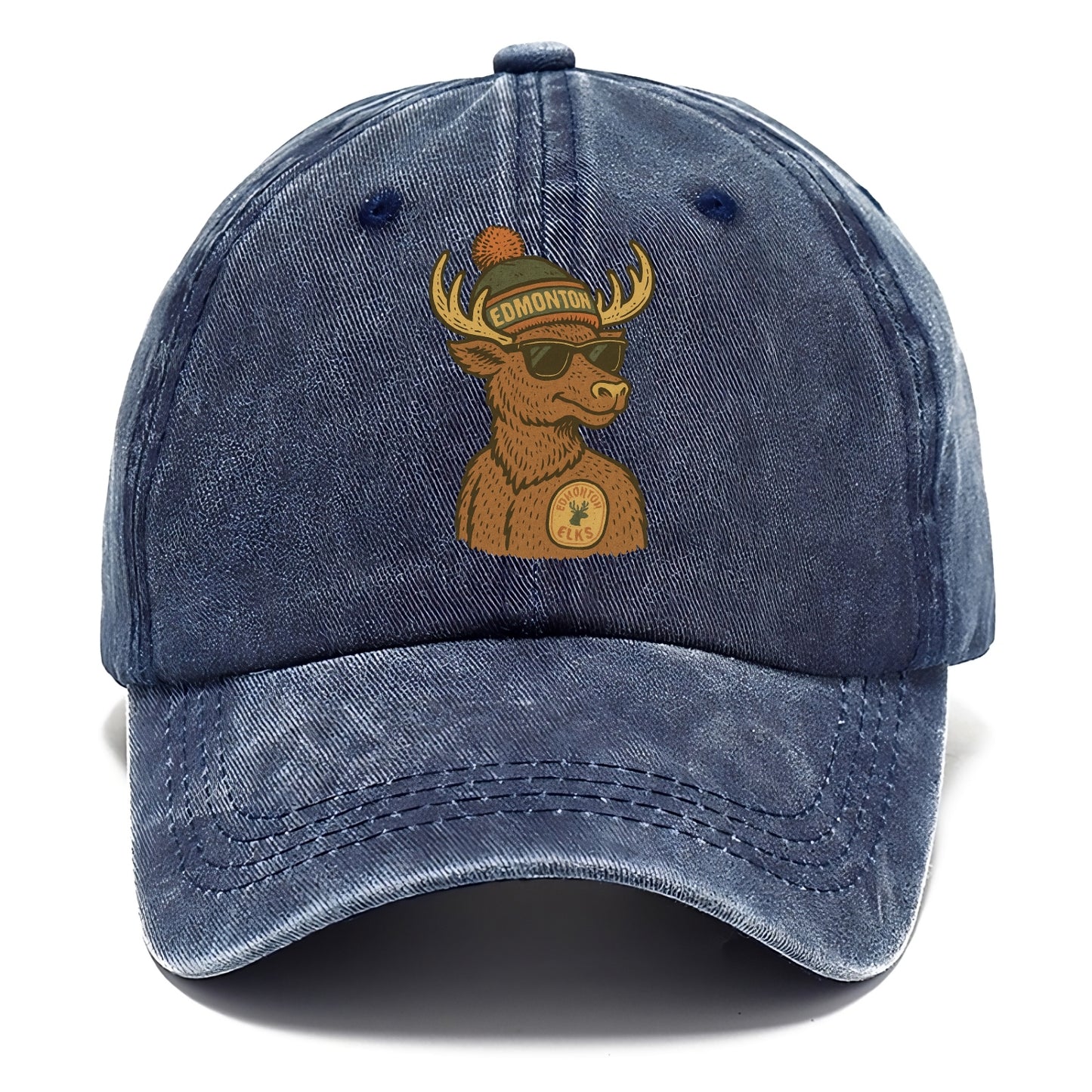 Edmonton Elk wearing Edmonton beanie with pom pom and wayfarer sunglasses - Classic Cap - Twilight Navy(Blue)