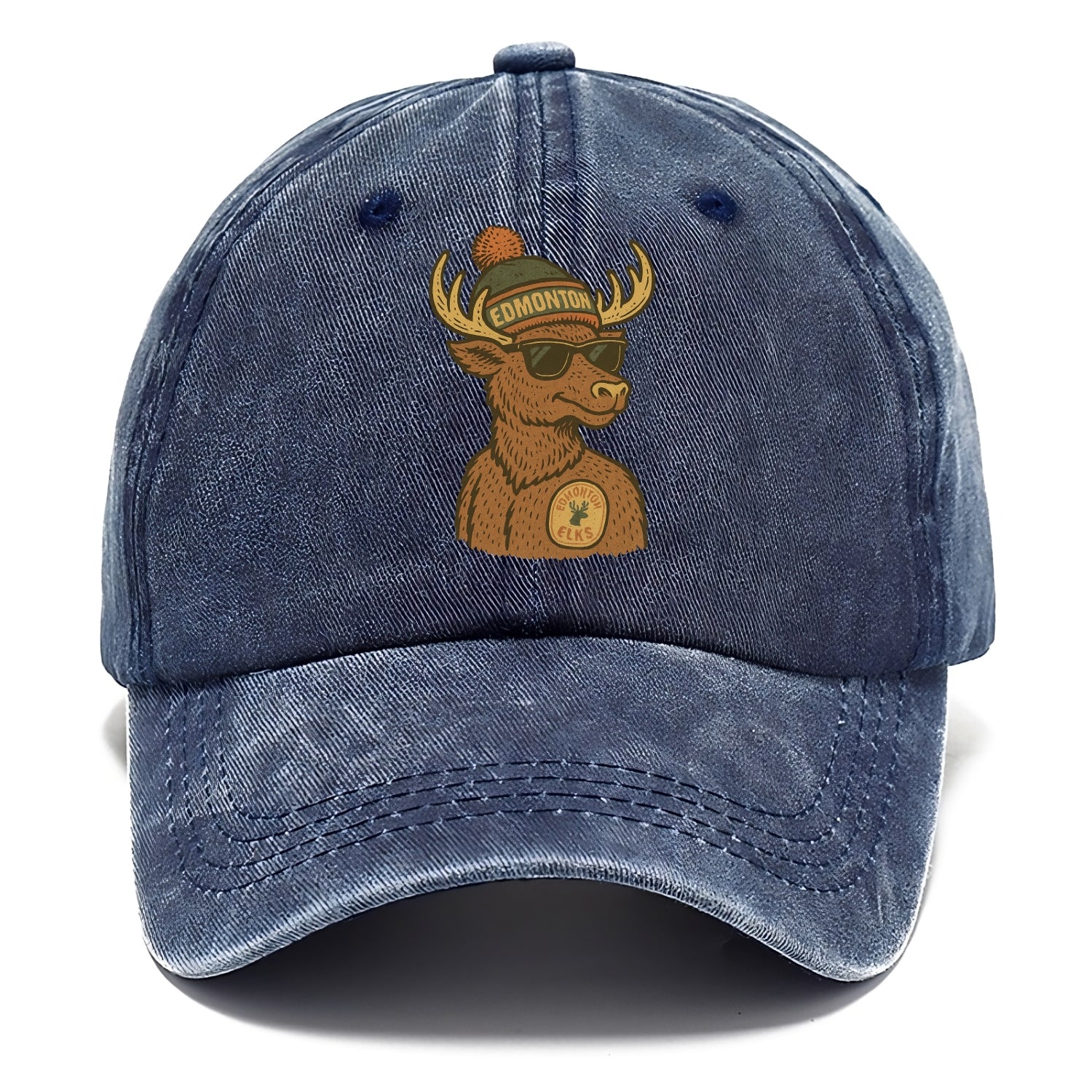 Edmonton Elk wearing Edmonton beanie with pom pom and wayfarer sunglasses - Classic Cap - Twilight Navy(Blue)