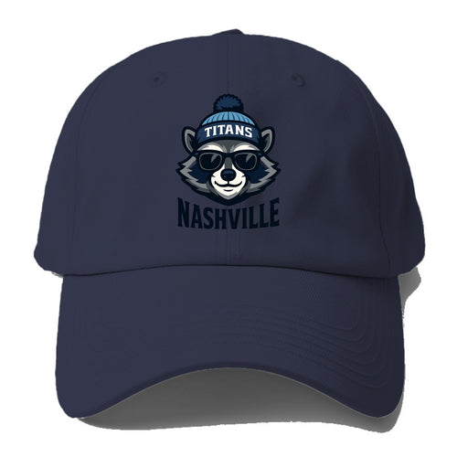 Nashville Raccoon wearing Titans navy and light blue beanie with pom pom and - Baseball Cap
