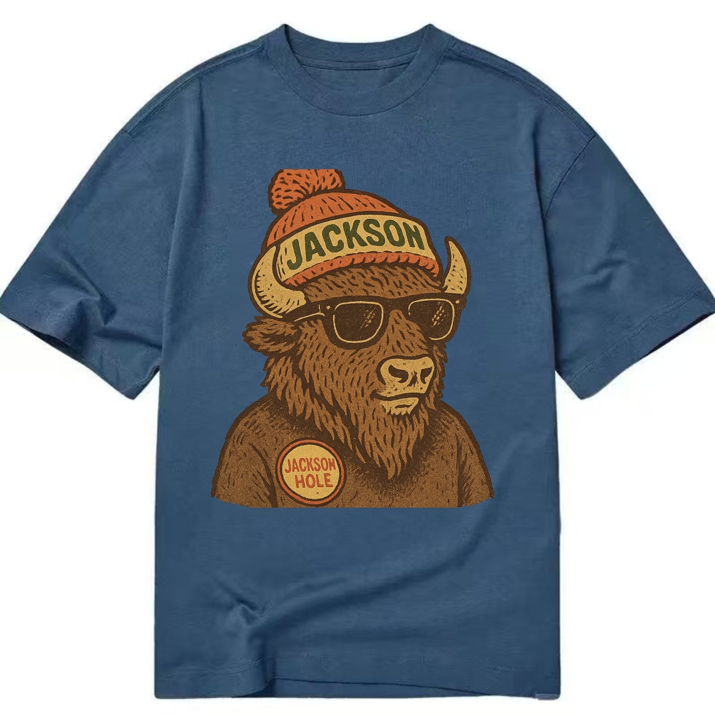 Jackson Hole Bison wearing Jackson beanie with pom pom and wayfarer sunglasses - Classic T-shirt - Twilight Navy(Blue)