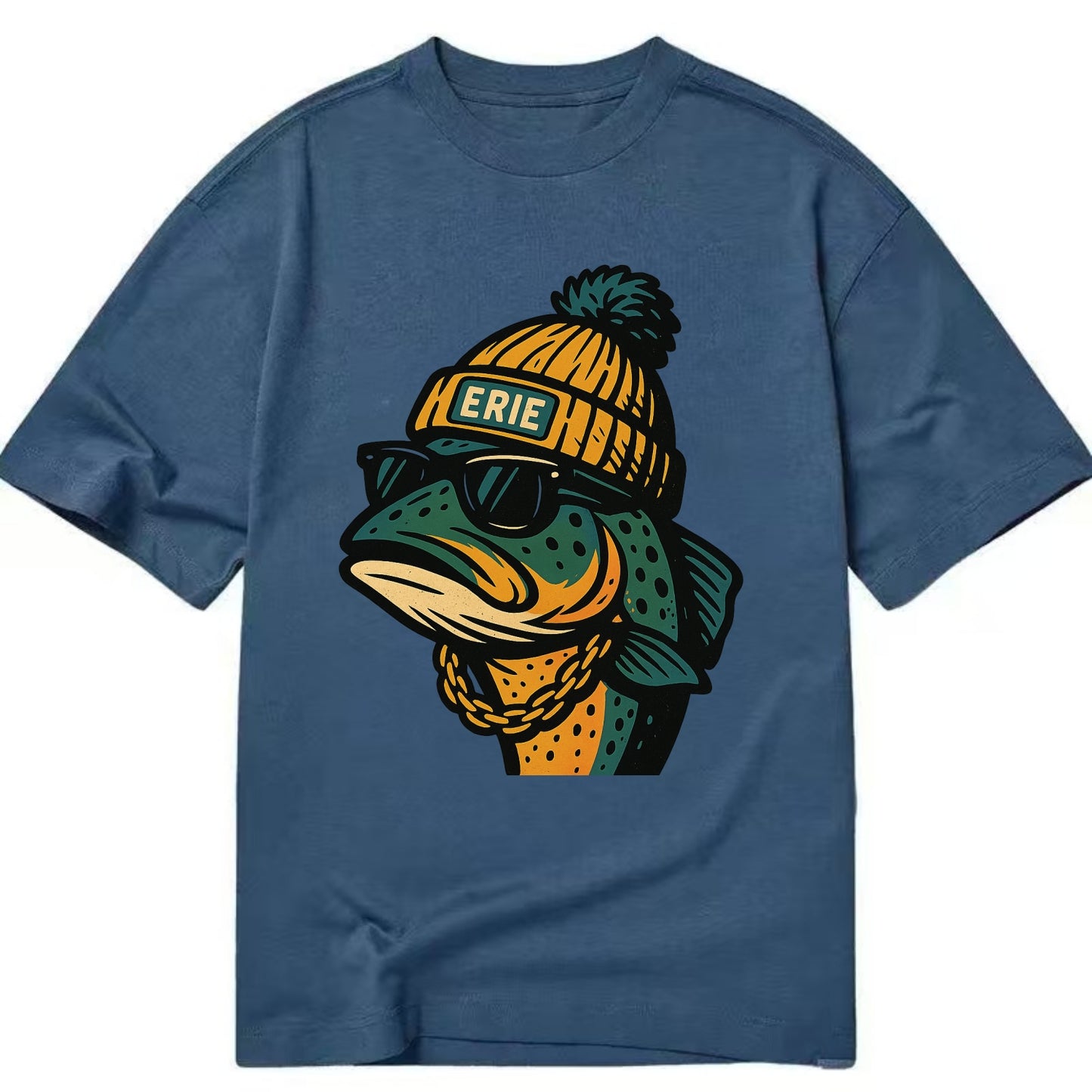 Erie Lake Trout wearing Erie beanie with pom pom and wayfarer sunglasses - Classic T-shirt - Twilight Navy(Blue)