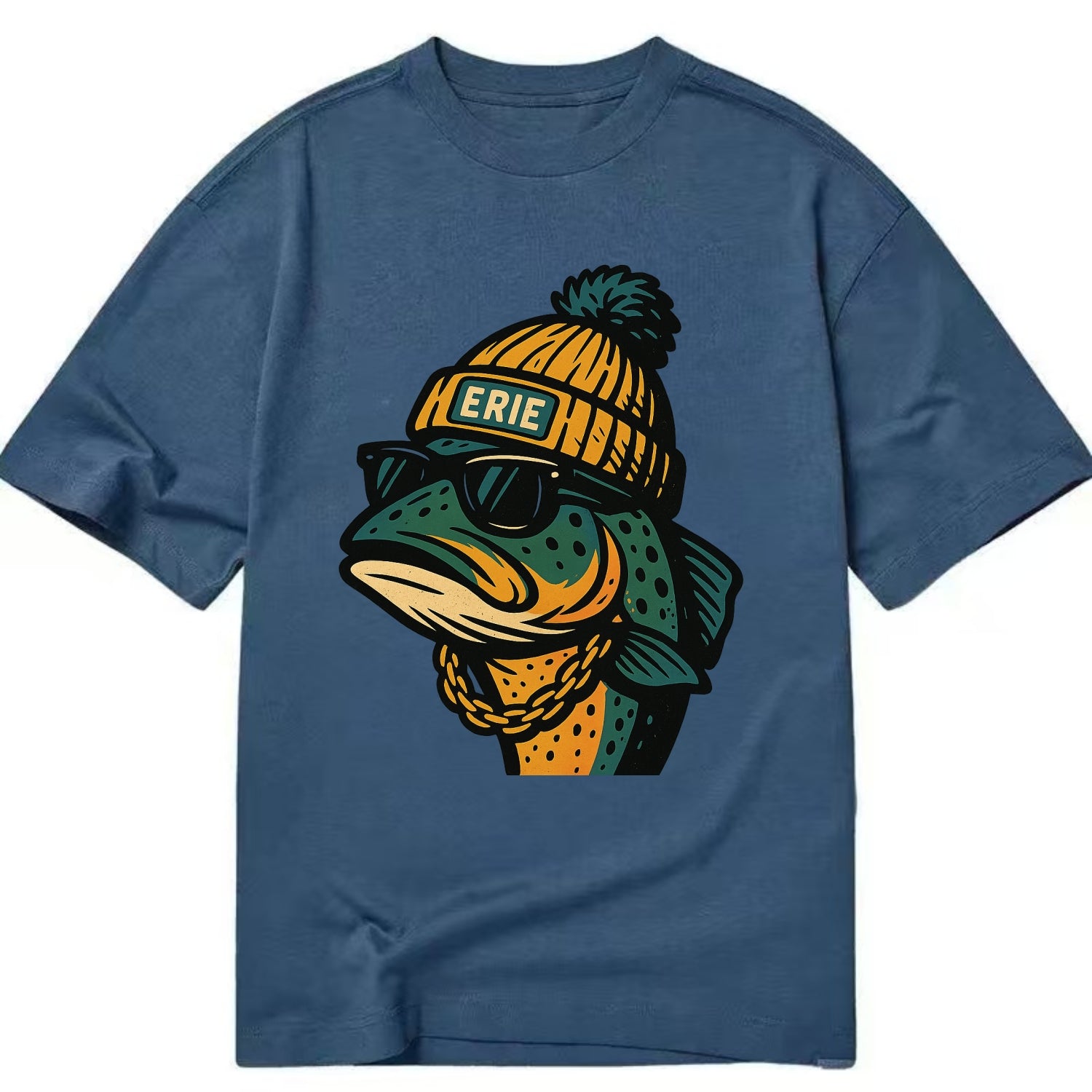 Erie Lake Trout wearing Erie beanie with pom pom and wayfarer sunglasses - Classic T-shirt - Twilight Navy(Blue)