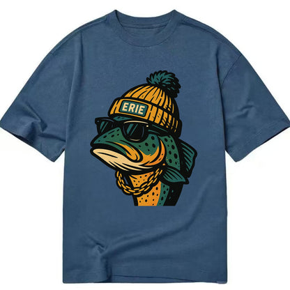 Erie Lake Trout wearing Erie beanie with pom pom and wayfarer sunglasses - Classic T-shirt - Twilight Navy(Blue)