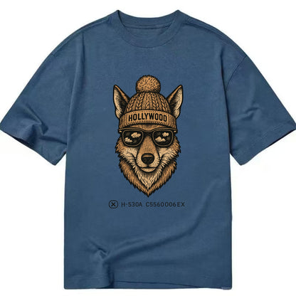 LA Coyote wearing Hollywood beanie with pom pom and wayfarer sunglasses - Classic T-shirt - Twilight Navy(Blue)