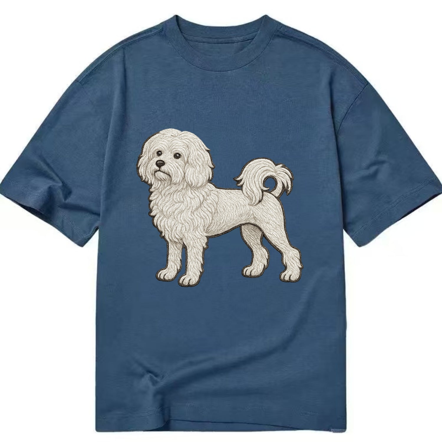 Löwchen - Little Lion Dog white embroidered pose - Classic T-shirt - Twilight Navy(Blue)