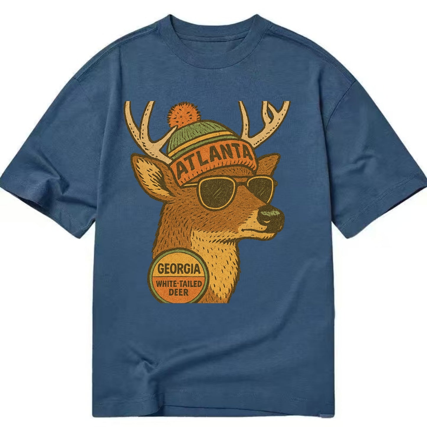 Georgia White-tailed Deer wearing Atlanta beanie with pom pom and wayfarer - Classic T-shirt - Twilight Navy(Blue)