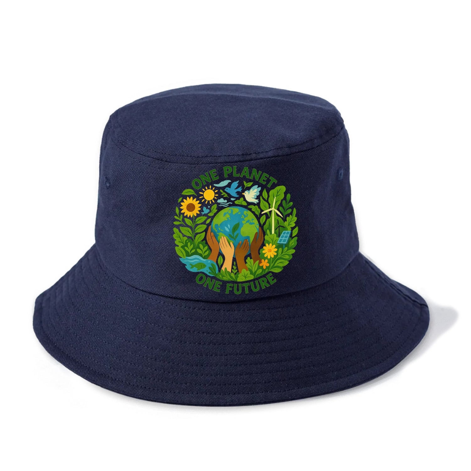 Globe surrounded by hands of all colors working together - "One Planet, One Future" - - Bucket Hat - Twilight Navy(Blue)