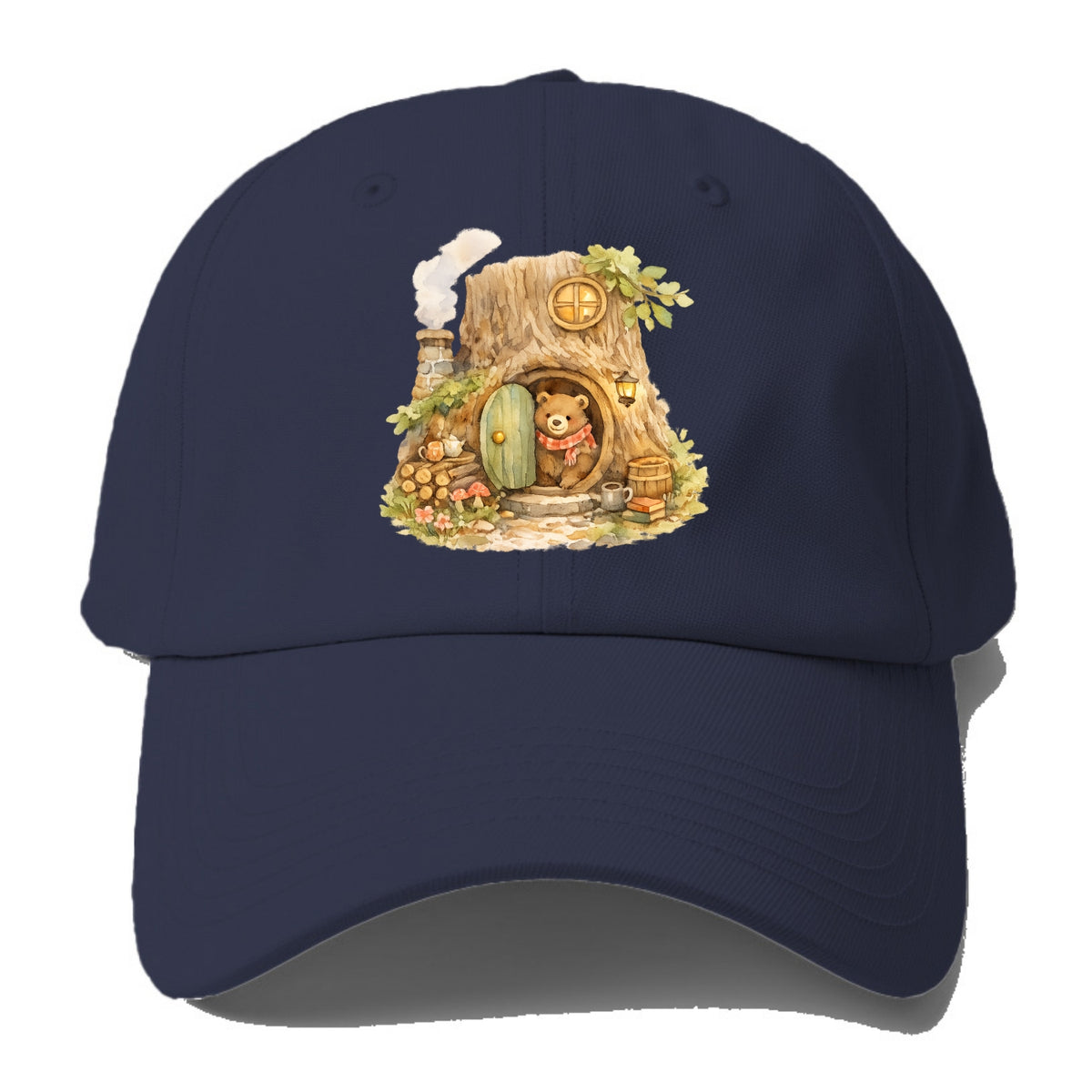TREE HOME | Bear's home in hollow tree | Round door | Chimney smoke | Woodland - Baseball Cap - Twilight Navy(Blue)