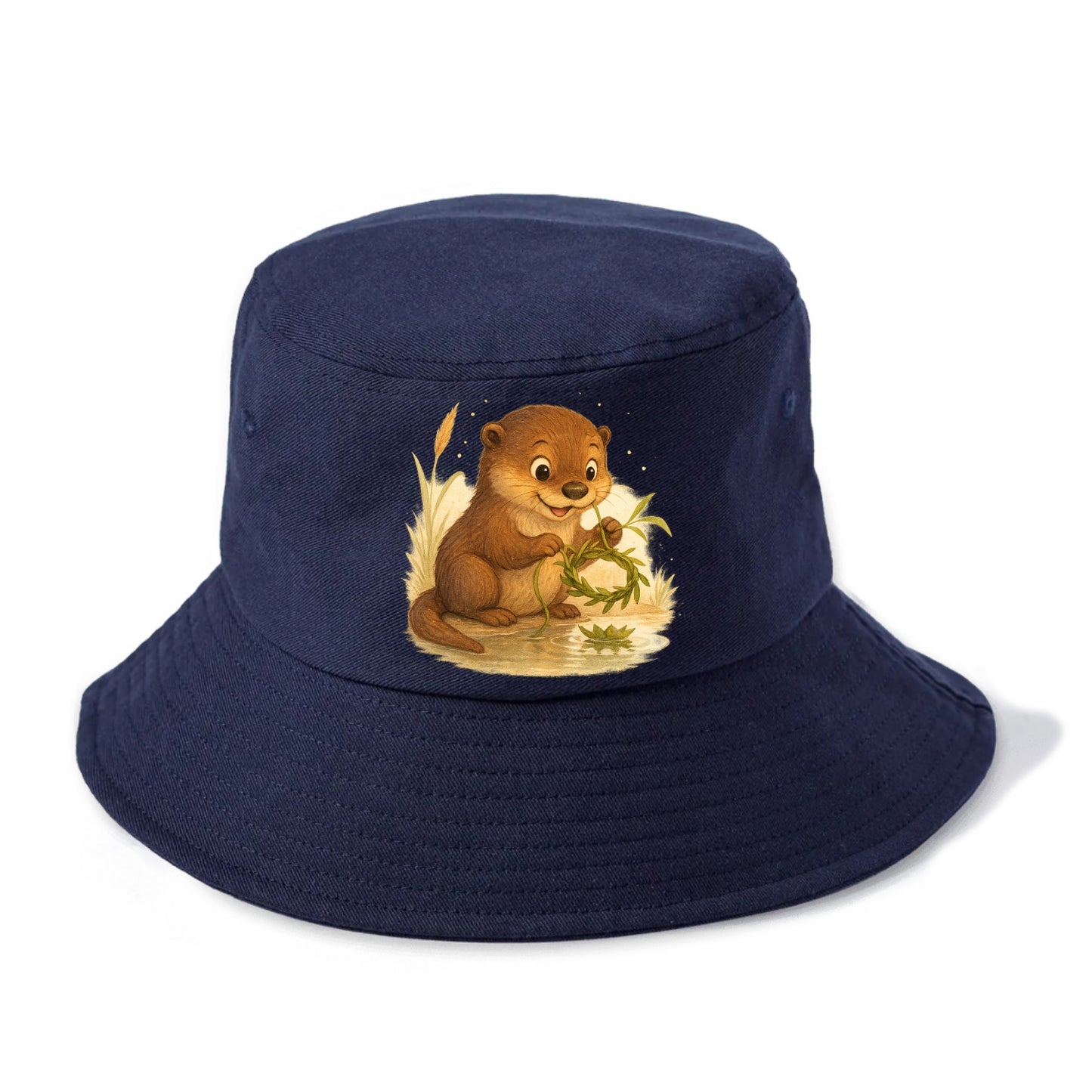 Otter weaving river reeds into a floating crown beside mirror-still water - Bucket Hat - Twilight Navy(Blue)