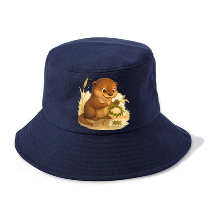 Otter weaving river reeds into a floating crown beside mirror-still water - Bucket Hat - Twilight Navy(Blue)