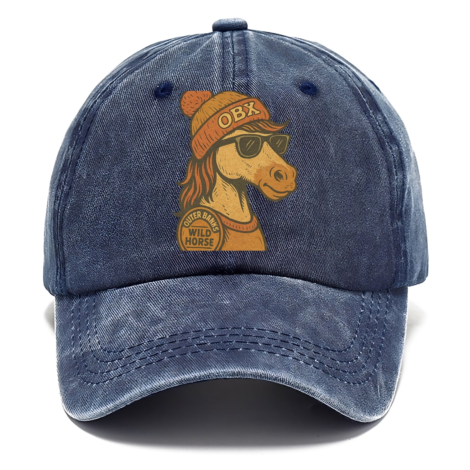 Outer Banks Wild Horse wearing OBX beanie with pom pom and wayfarer sunglasses - Classic Cap - Twilight Navy(Blue)