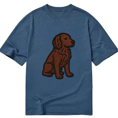 Boykin Spaniel - Rich chocolate brown wavy coat embroidered sitting pose - Classic T-shirt - Twilight Navy(Blue)