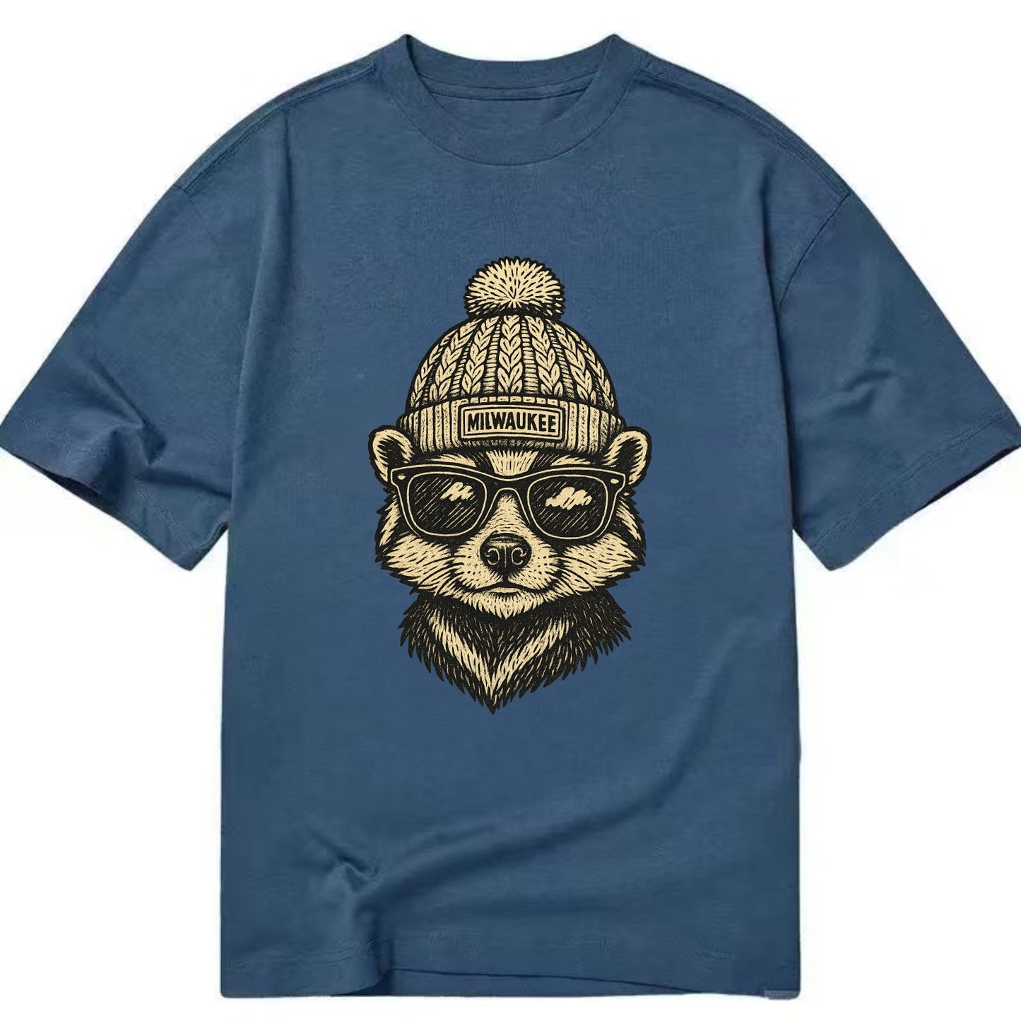 Wisconsin Badger wearing Milwaukee beanie with pom pom and wayfarer sunglasses - Classic T-shirt - Twilight Navy(Blue)