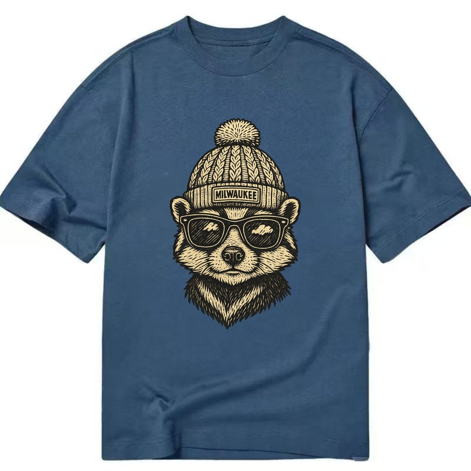 Wisconsin Badger wearing Milwaukee beanie with pom pom and wayfarer sunglasses - Classic T-shirt - Twilight Navy(Blue)