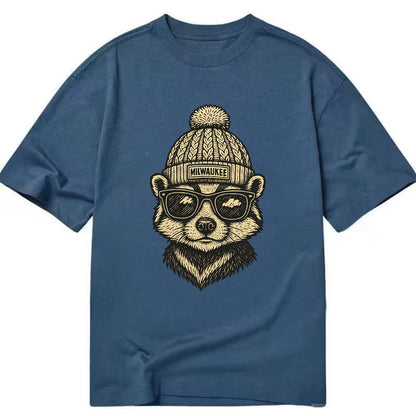Wisconsin Badger wearing Milwaukee beanie with pom pom and wayfarer sunglasses - Classic T-shirt - Twilight Navy(Blue)