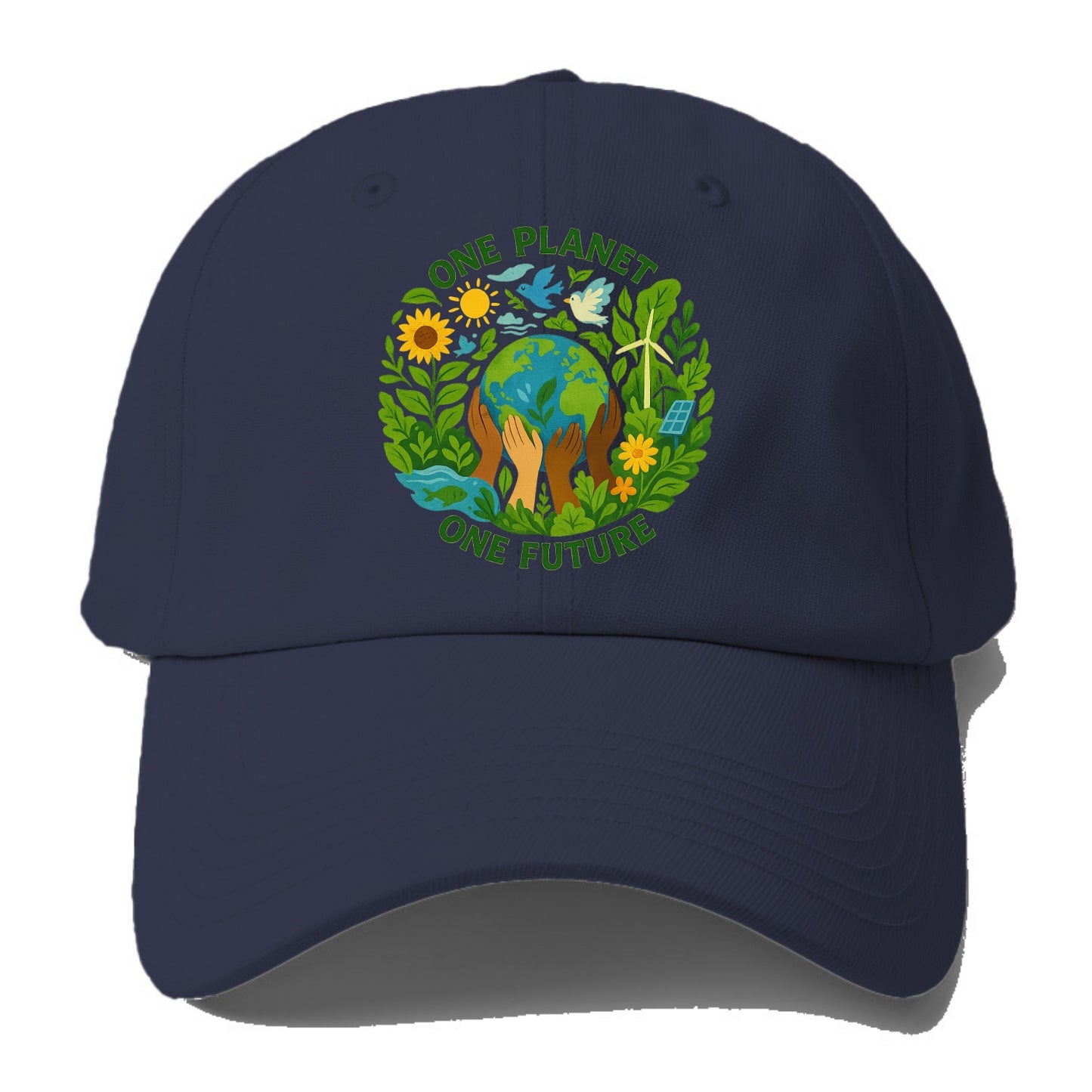 Globe surrounded by hands of all colors working together - "One - Baseball Cap For Big Heads - Twilight Navy(Blue)
