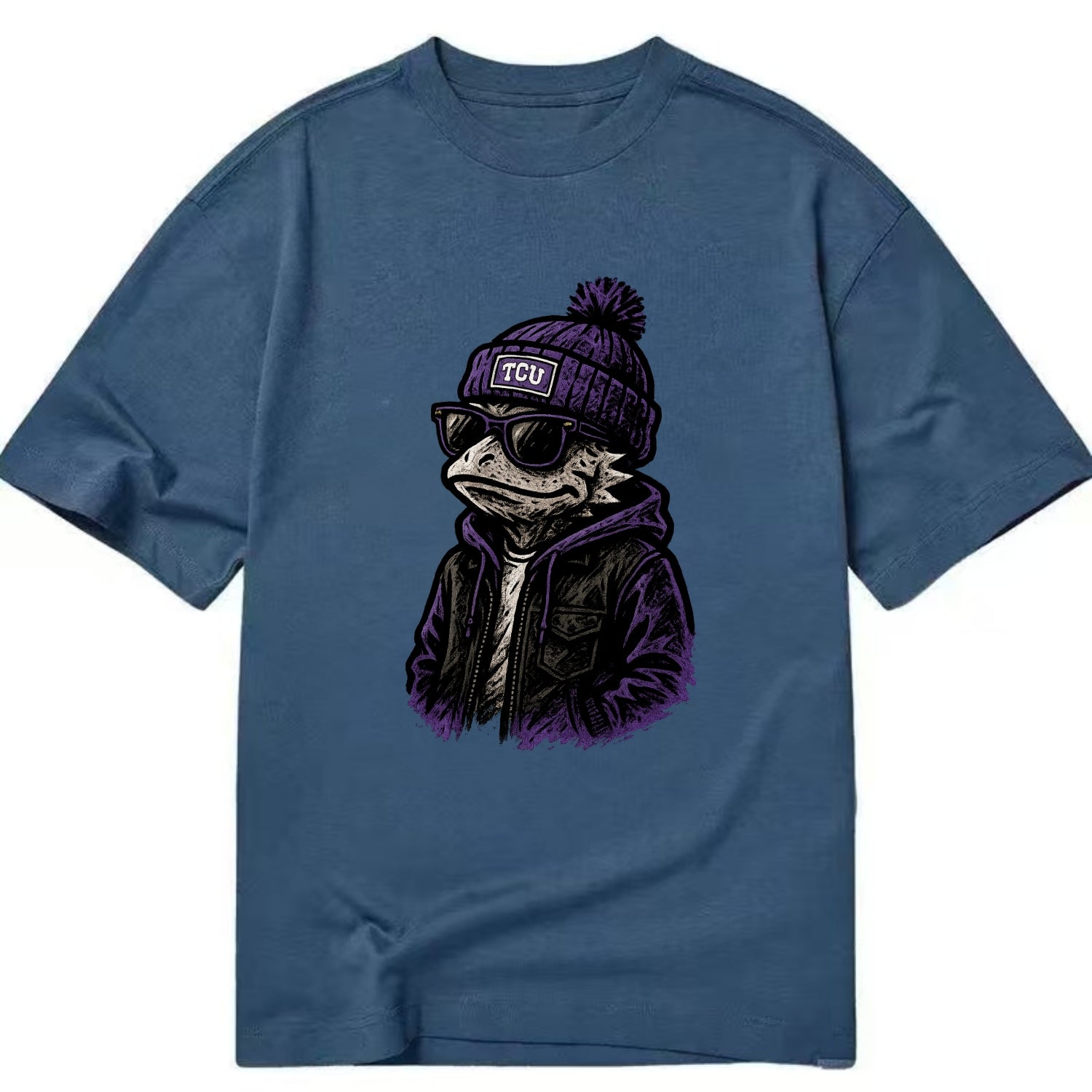 Fort Worth Frog wearing TCU beanie with horned patch - Classic T-shirt - Twilight Navy(Blue)