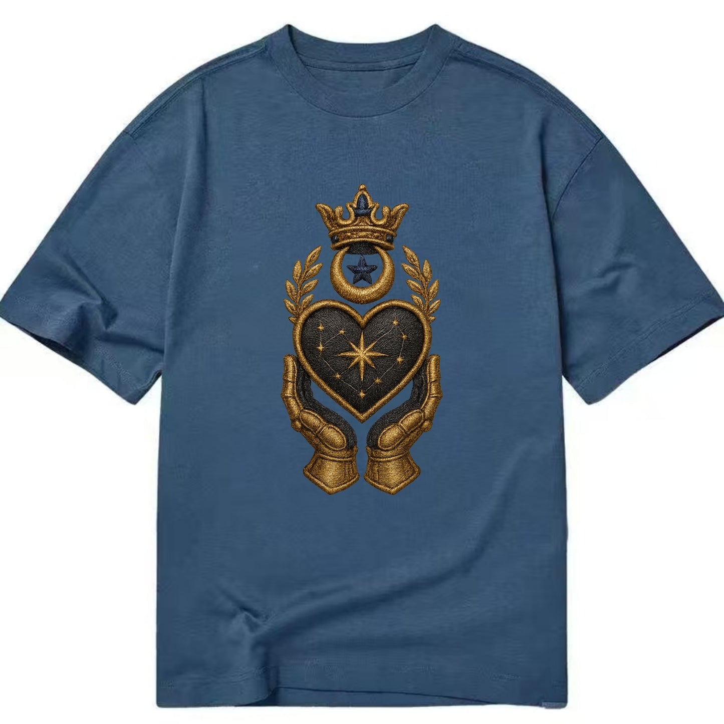 Crowned heart with Art Deco sunburst crown and geometric filigree hands cradling - Classic T-shirt - Twilight Navy(Blue)