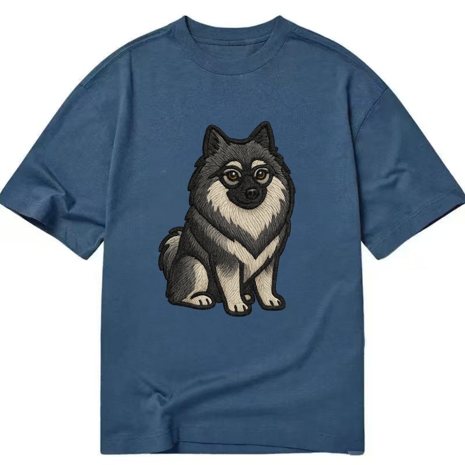 Keeshond - Gray and black spectacles embroidered design - Classic T-shirt - Twilight Navy(Blue)