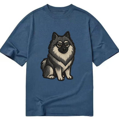 Keeshond - Gray and black spectacles embroidered design - Classic T-shirt - Twilight Navy(Blue)