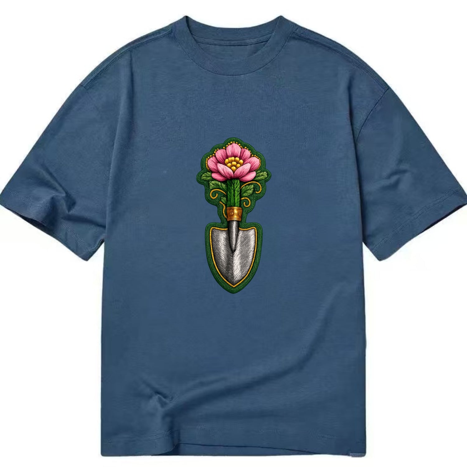 Embroidered patch design - GARDENING TROWEL FLOWER - garden tool with blooming - Classic T-shirt - Twilight Navy(Blue)
