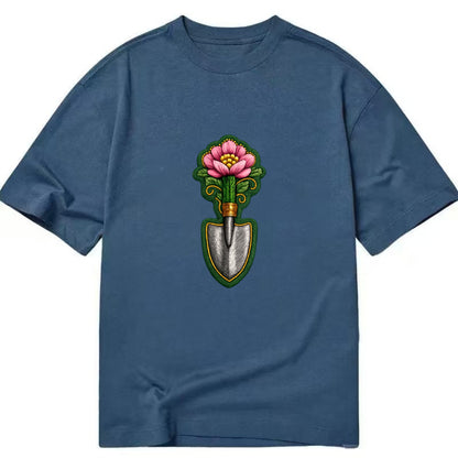 Embroidered patch design - GARDENING TROWEL FLOWER - garden tool with blooming - Classic T-shirt - Twilight Navy(Blue)
