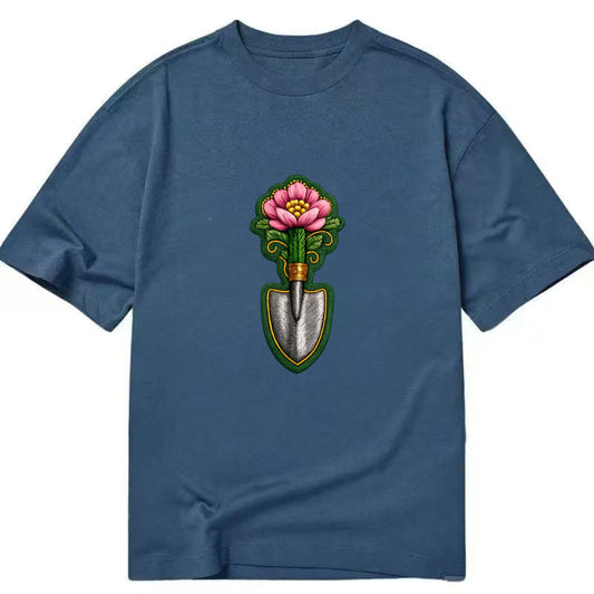 Embroidered patch design - GARDENING TROWEL FLOWER - garden tool with blooming - Classic T-shirt - Twilight Navy(Blue)