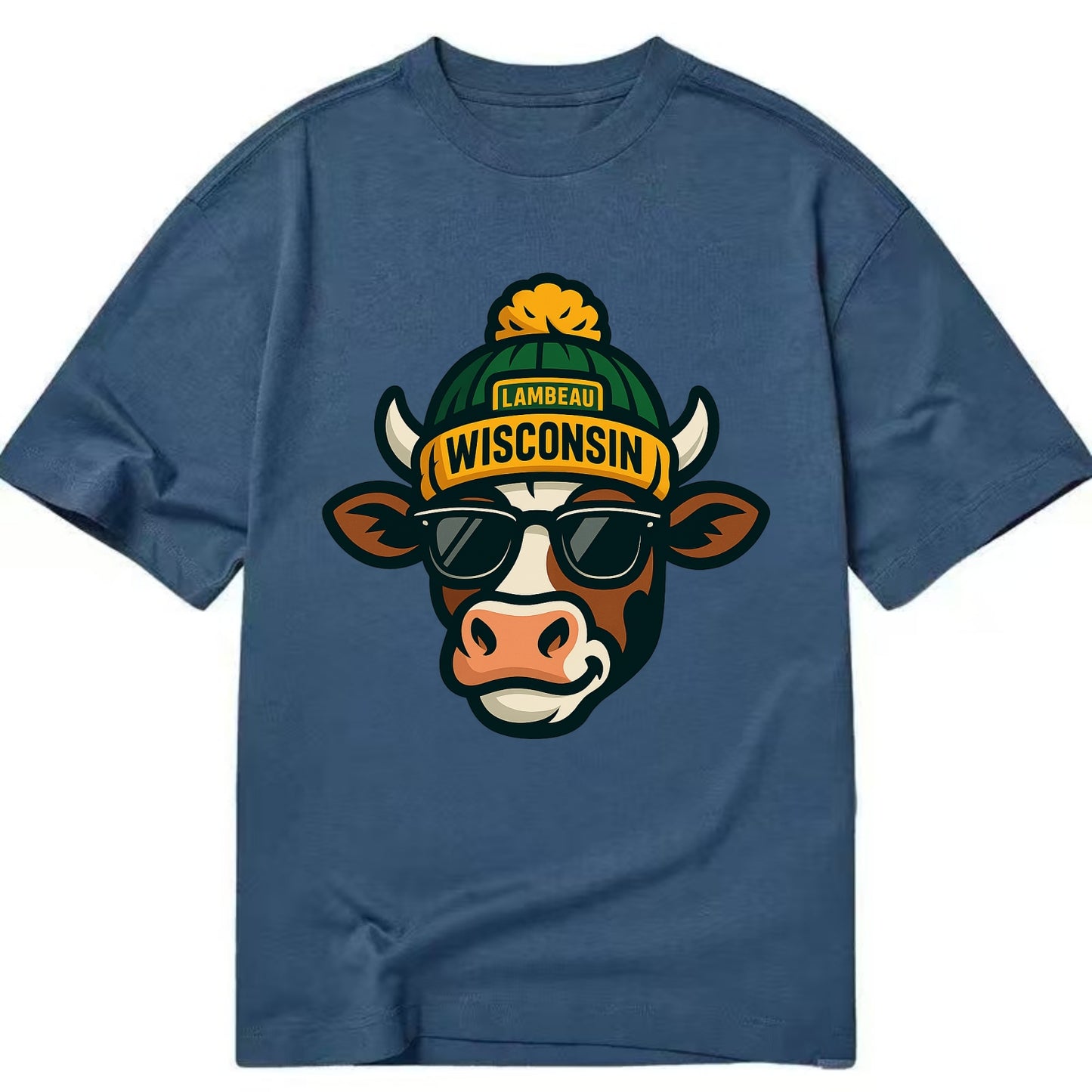 Wisconsin Cow wearing Packers beanie with Lambeau patch and wayfarer sunglasses - Classic T-shirt - Twilight Navy(Blue)